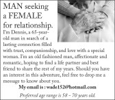 MAN seeking a FEMALE for relationship
